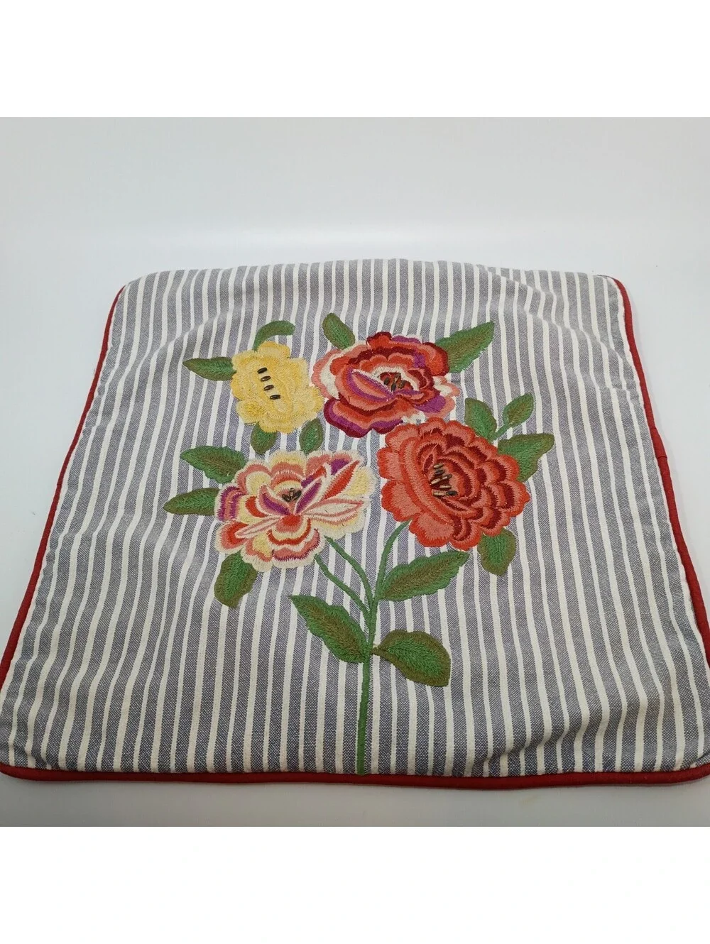 Pier 1 Imports Embroidered Throw Pillow Cover Floral Bouquet Striped Design 16